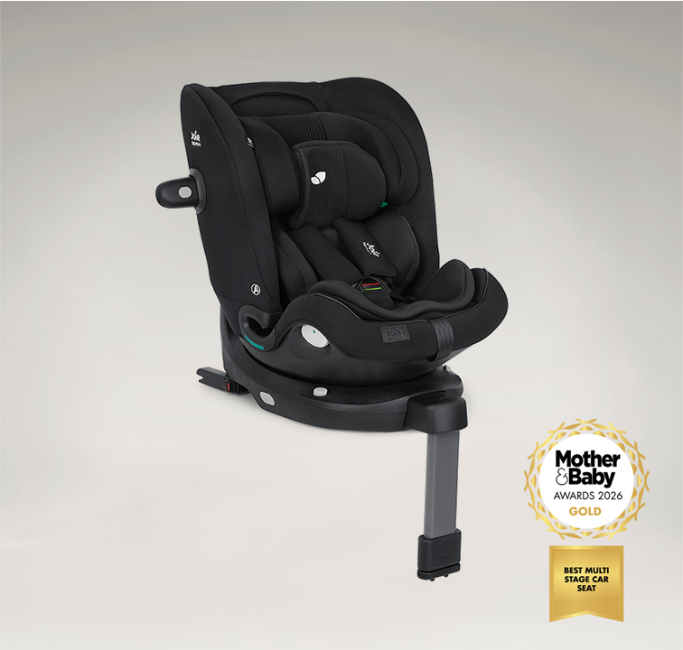 Joie Signature i-spin XL car seat in black, positioned at a right angle. The image also features a logo indicating that the product is a 2026 mother and baby awards gold winner for best multi-stage car seat.