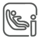 Symbol eines Kindes in einem vorwärtsgerichteten Autositz mit dem Buchstaben „i“, um die i-Size-Zertifizierung zu symbolisieren.