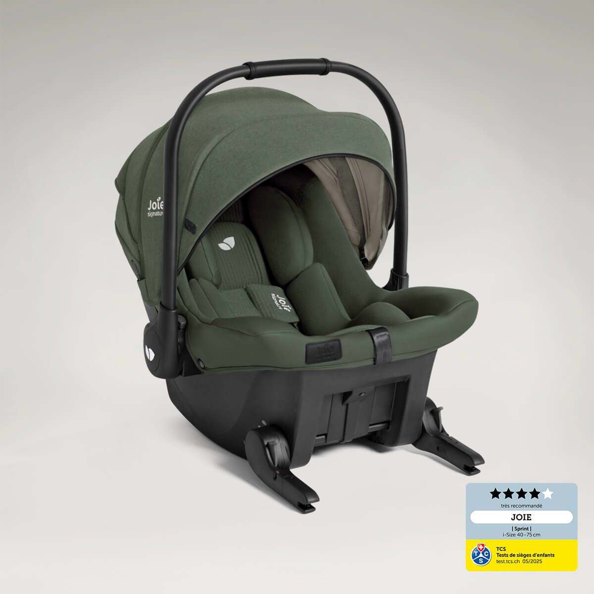 Joie Signature sprint baby car seat with built-in ISOFIX in evergreen grey  from a right angle.