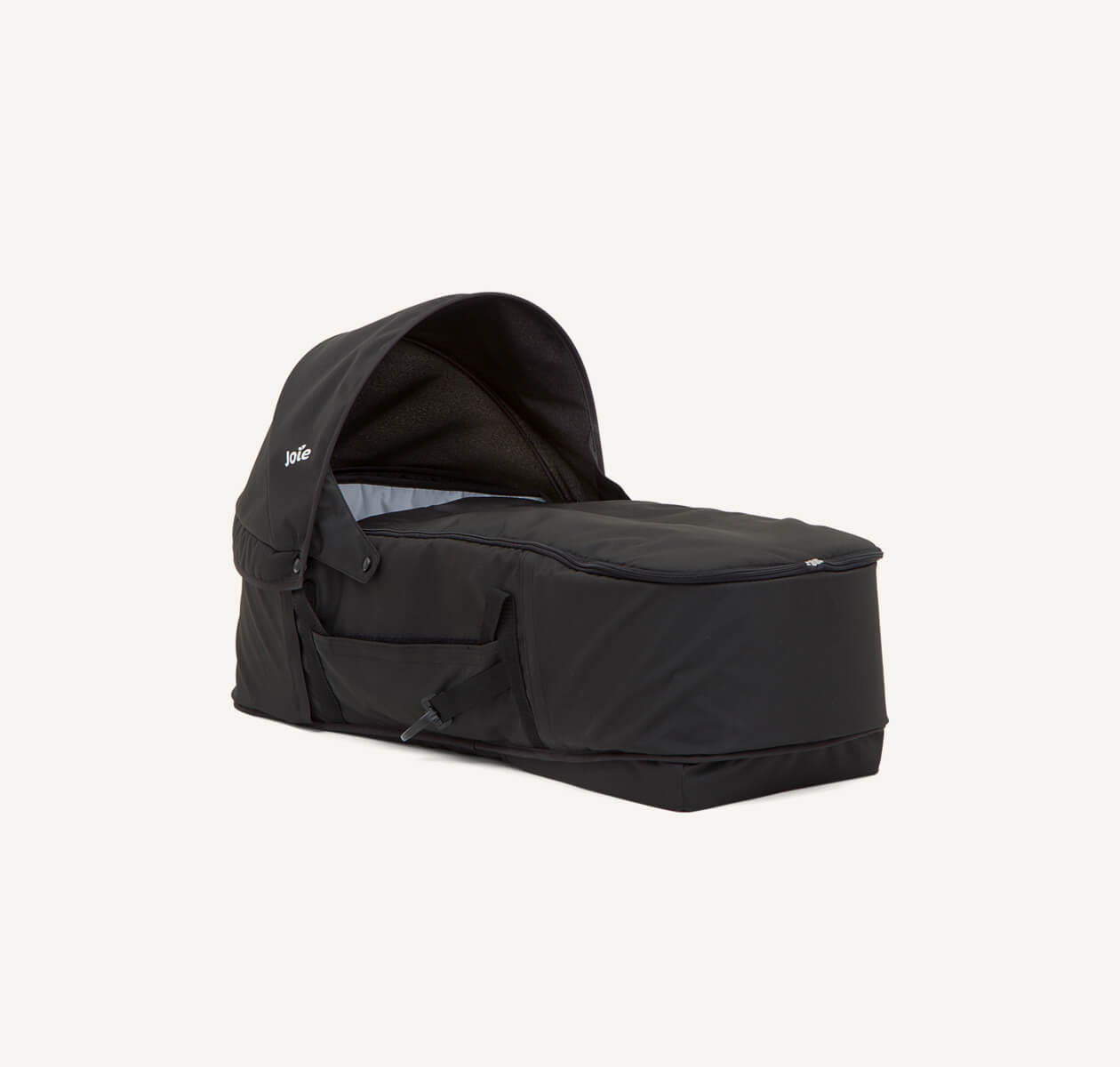 Schwarze Soft Babywanne für Zweisitzer – schräg nach rechts gerichtet.
