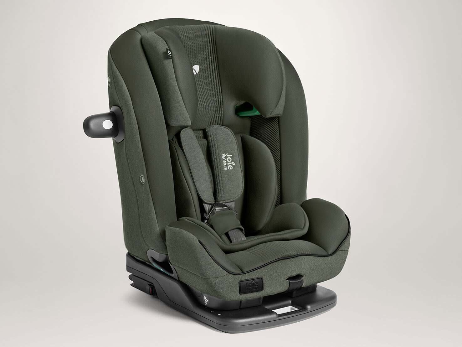 Joie Signature i-Plenti i-Size toddler car seat in evergreen from a right angle with headrest lowered
