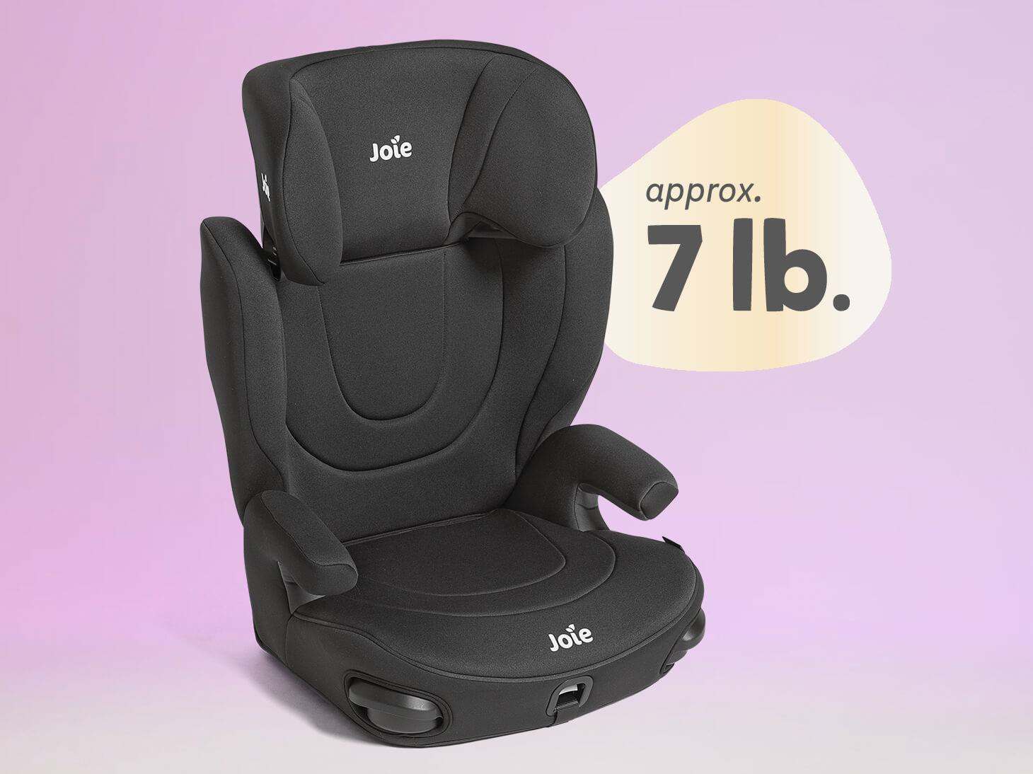 Joie Cilantro™ FX 2-in-1 booster seat in charcoal grey with contoured backrest, integrated armrests, and brand logos.