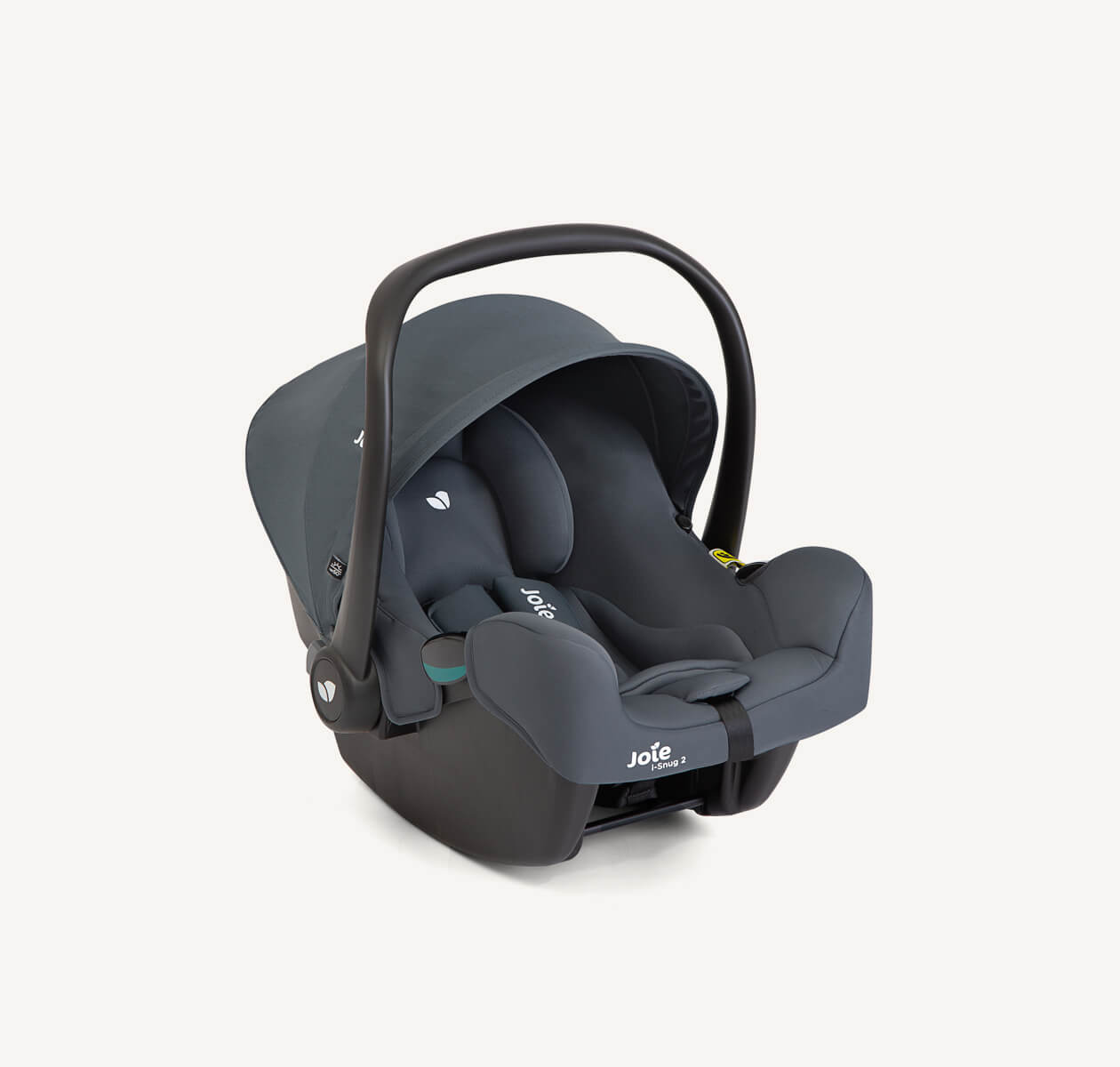The Joie I-Snug 2 baby car seat in blue at an angle facing to the right