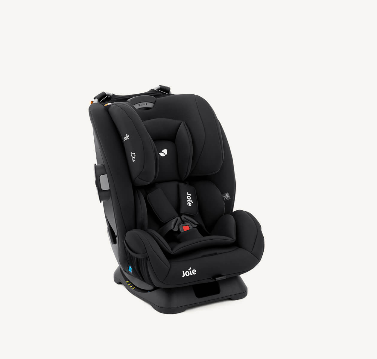  Joie armour car seat in black from a right angle with the headrest fully lowered.