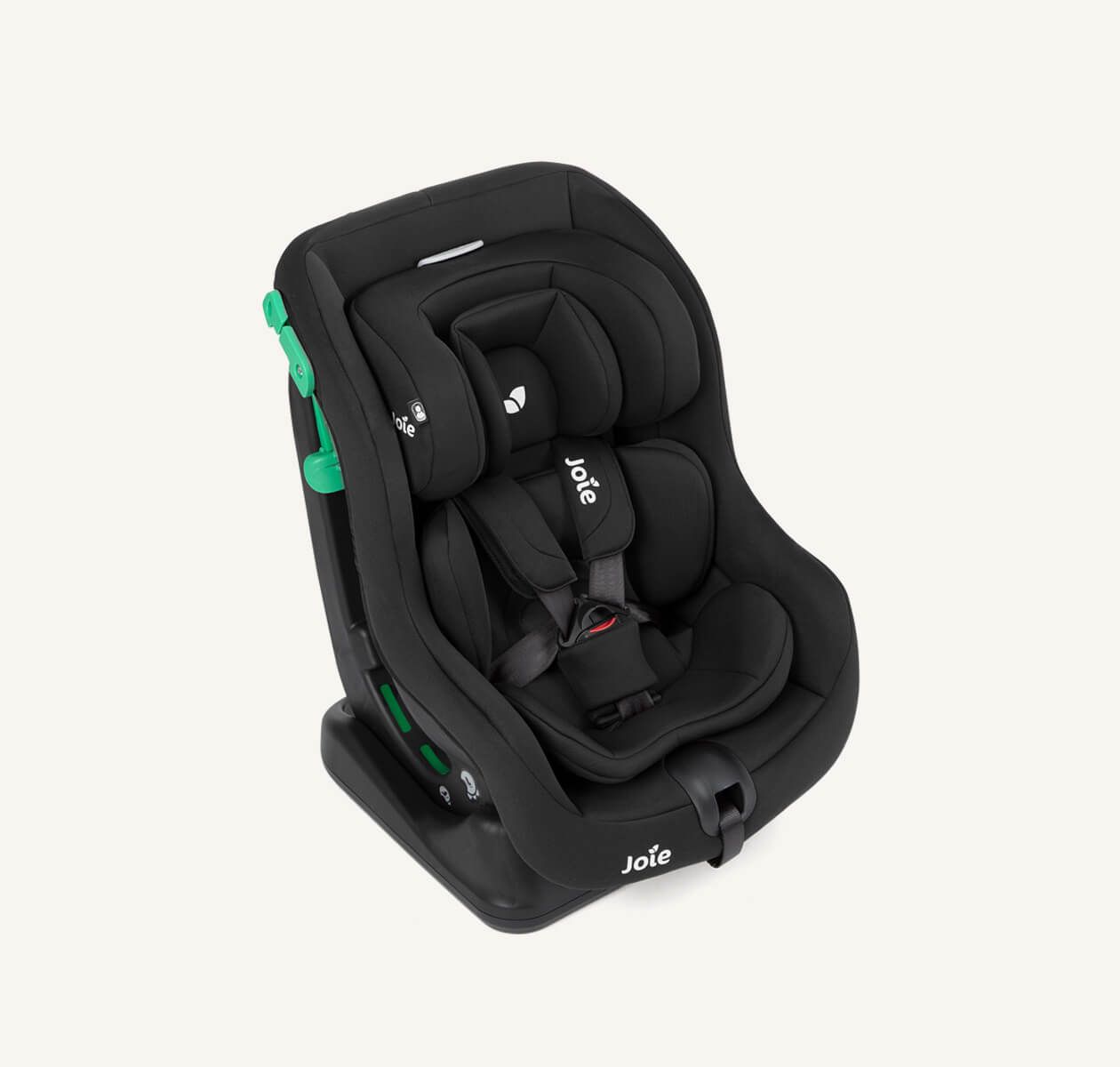 Joie Steadi R129 car seat with harness clipped in with a black colour, at an angle facing to the right.