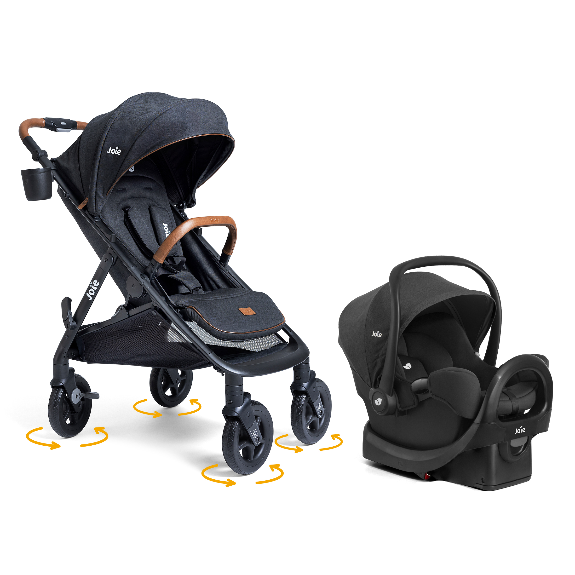 Three-quarter image of Caraway Whirl and Rue Infant Car Seat Travel System with base on white background.