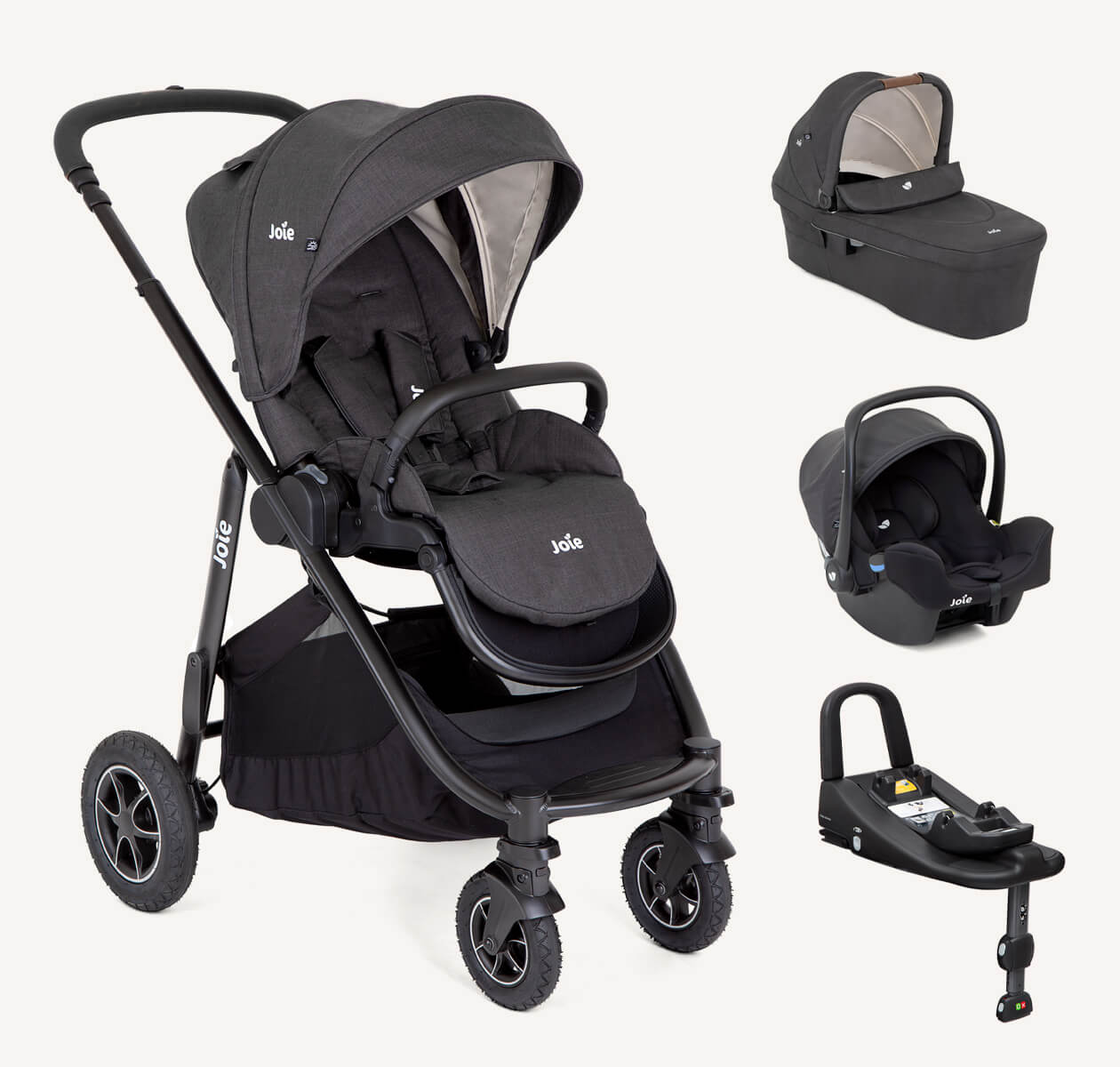 Collage showing all products in the Joie Versatrax on the go bundle in black: The Versatrax pram, Ramble XL carry cot, I-Snug 2 infant car seat and I-Base Advance ISOFIX base.