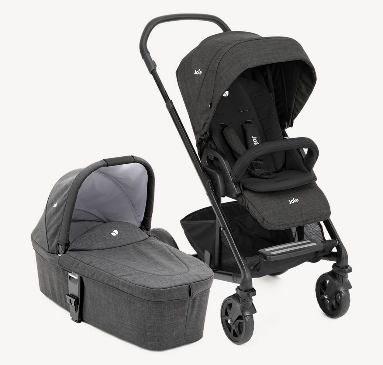  The Joie Chrome DLX pram in black at an angle facing to the right.
