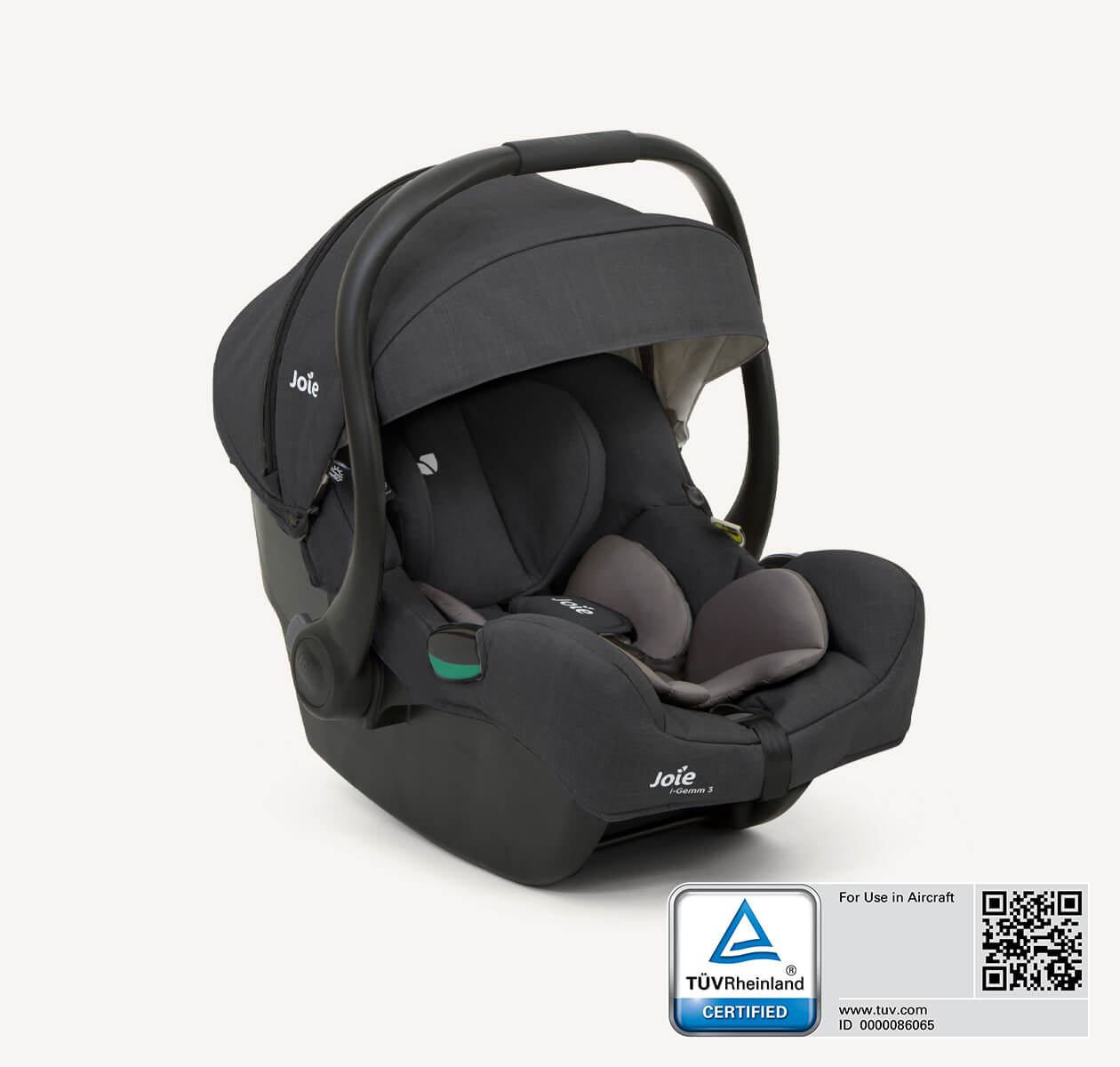 Siège auto pour bébé Joie I-gemm3, coloris noir, positionné à angle droit.