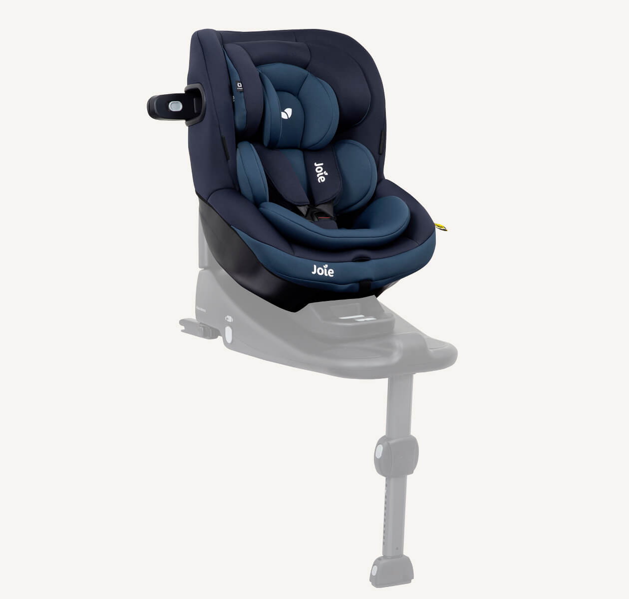 Grüner Joie i-Venture Reboard-Kindersitz auf einer ISOFIX-Basisstation installiert, die hier ausgegraut dargestellt wird, da sie nicht im Lieferumfang enthalten ist.