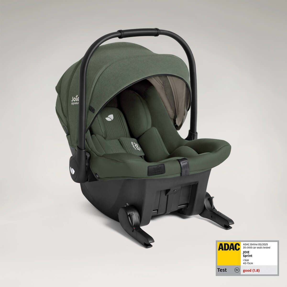 Joie Signature sprint baby car seat with built-in ISOFIX in evergreen grey  from a right angle.