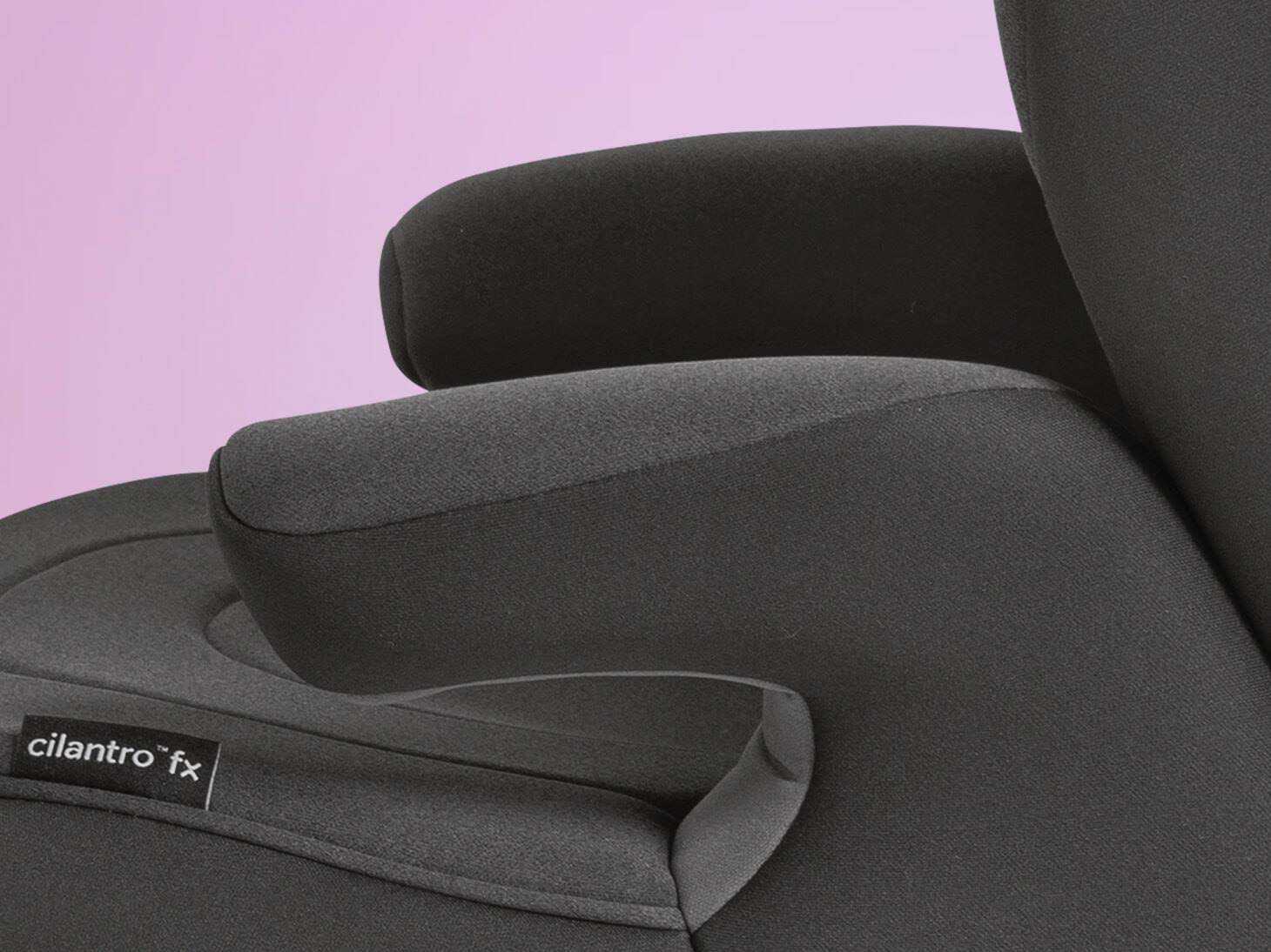 Joie cilantro™ fx 2-in-1 booster seat in dark grey featuring a minimalist design, soft-touch fabric, and cushioned arms.