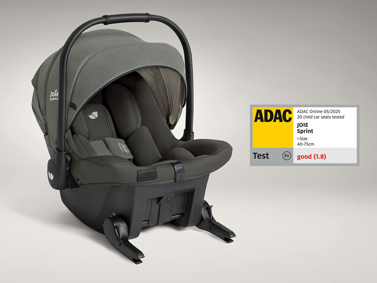 Joie Signature sprint baby car seat with ADAC label that shows its 1.8 score