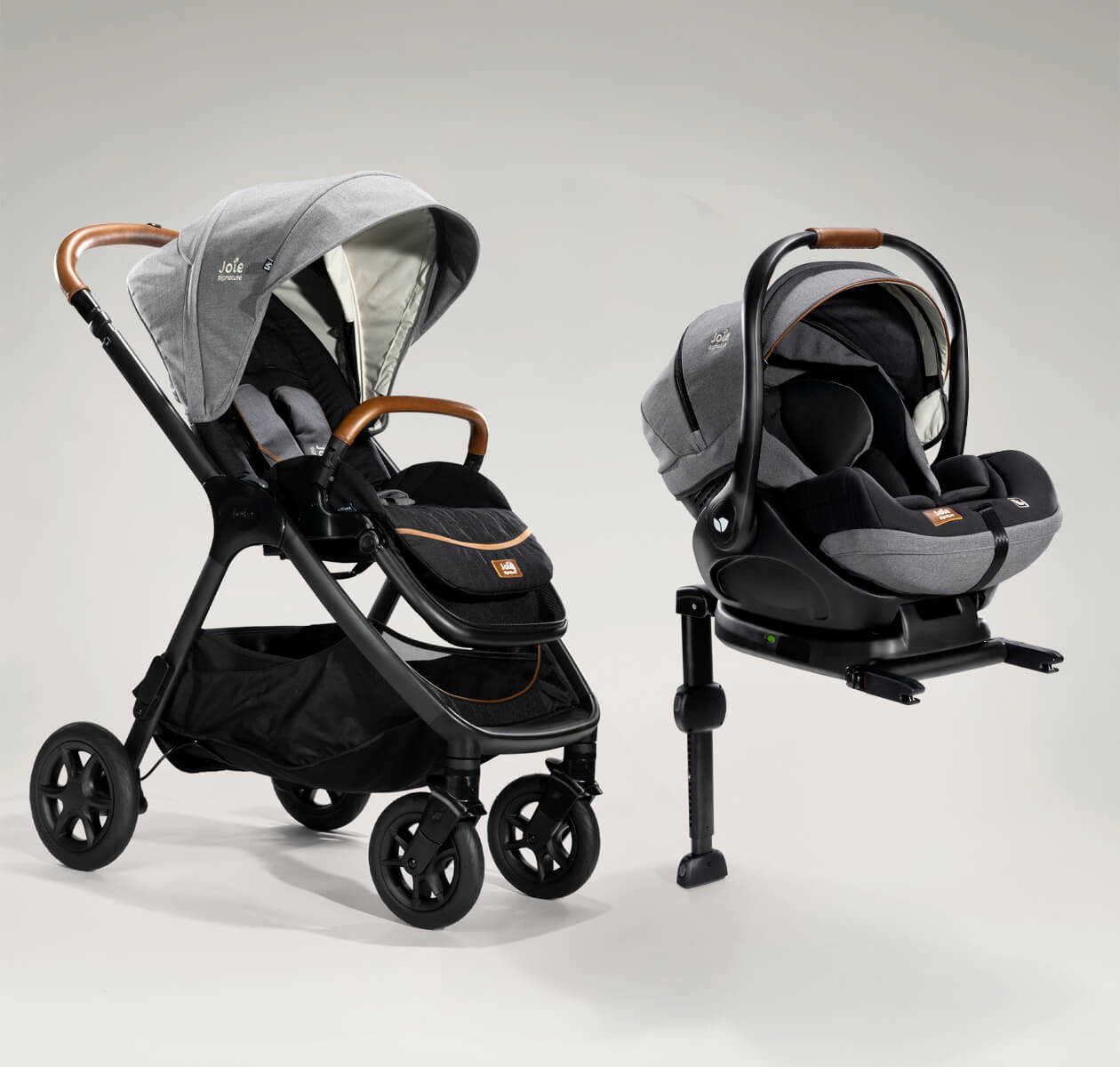  Joie finiti pram in black and gray at an angle. 