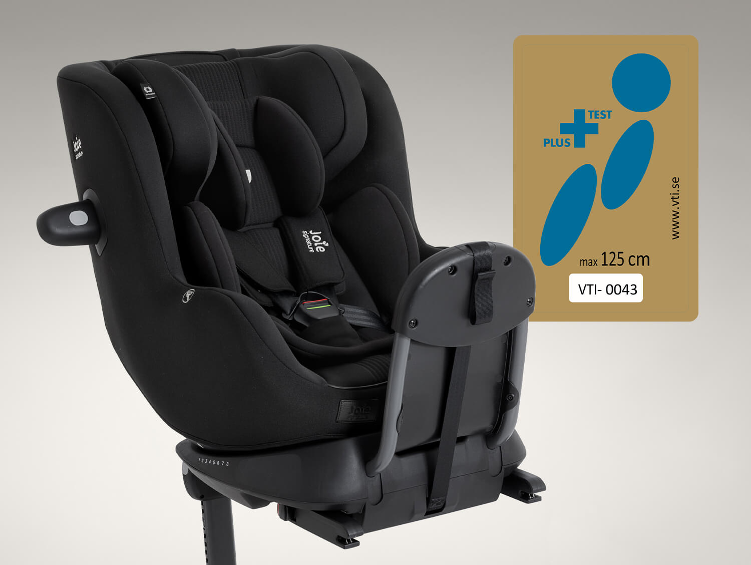 Right angle of Joie Signature i-Prodigi Pro car seat in eclipse fashion with the Swdish Plus Test logo