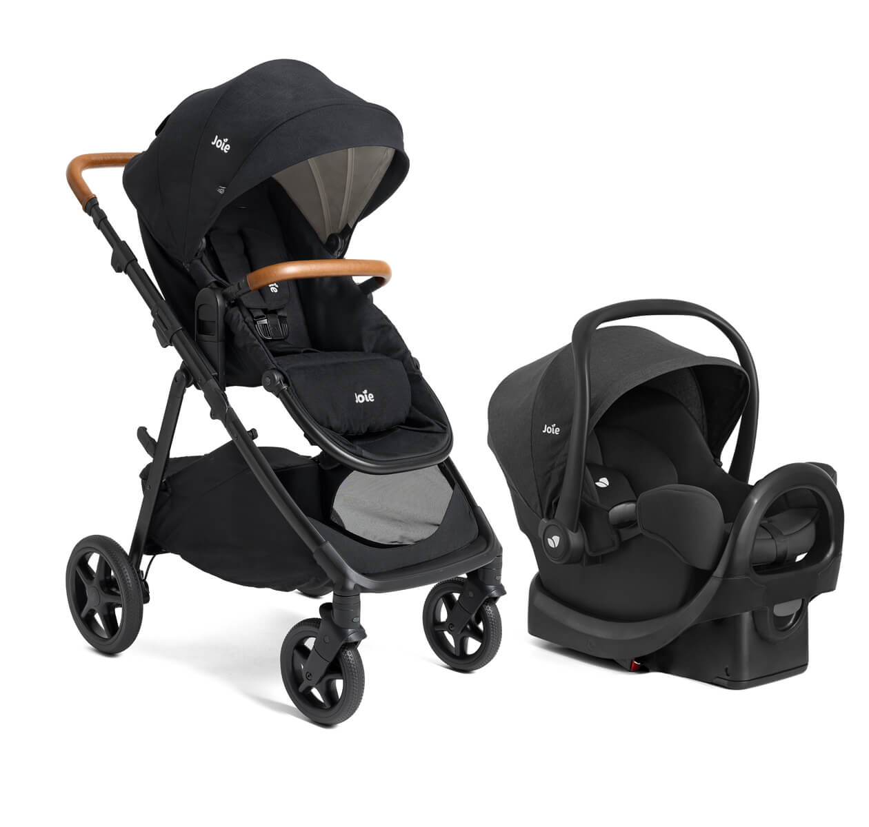 Right angle of Ginger 4-in-1 height adjustable pramette and rue infant car seat on base in mocha on white background