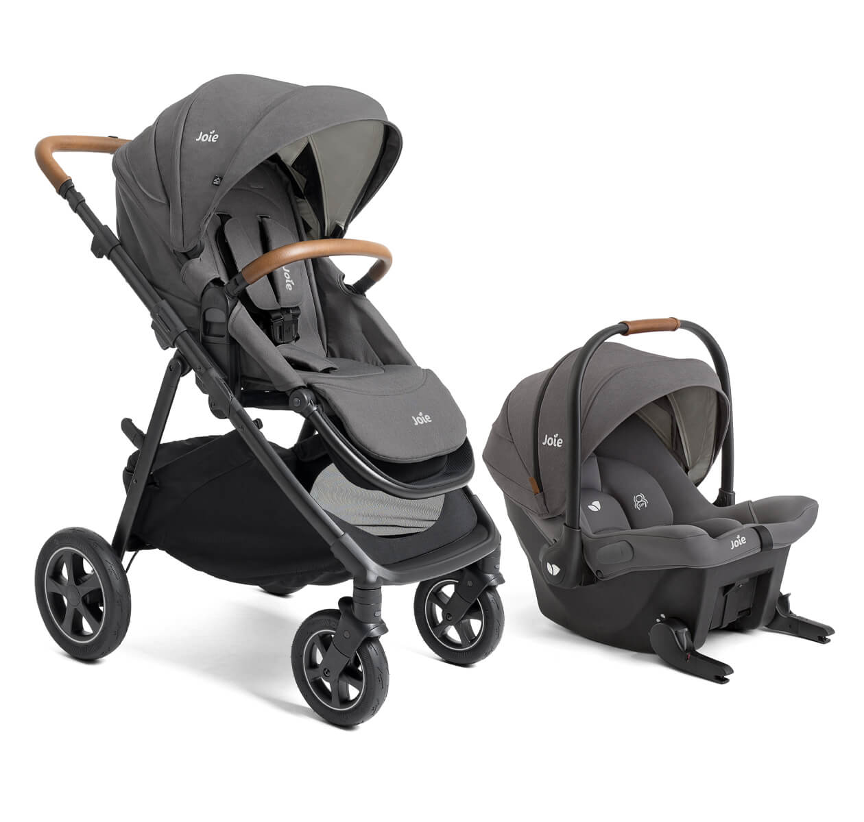 Right angle of hazel stroller and Mint LATCH baseless infant car seat in thunder on white background
