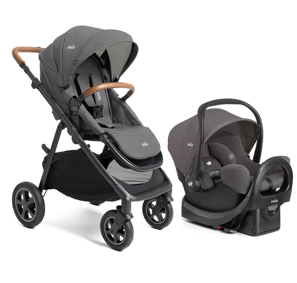 Right angle hazel stroller and rue car seat in thunder on white background
