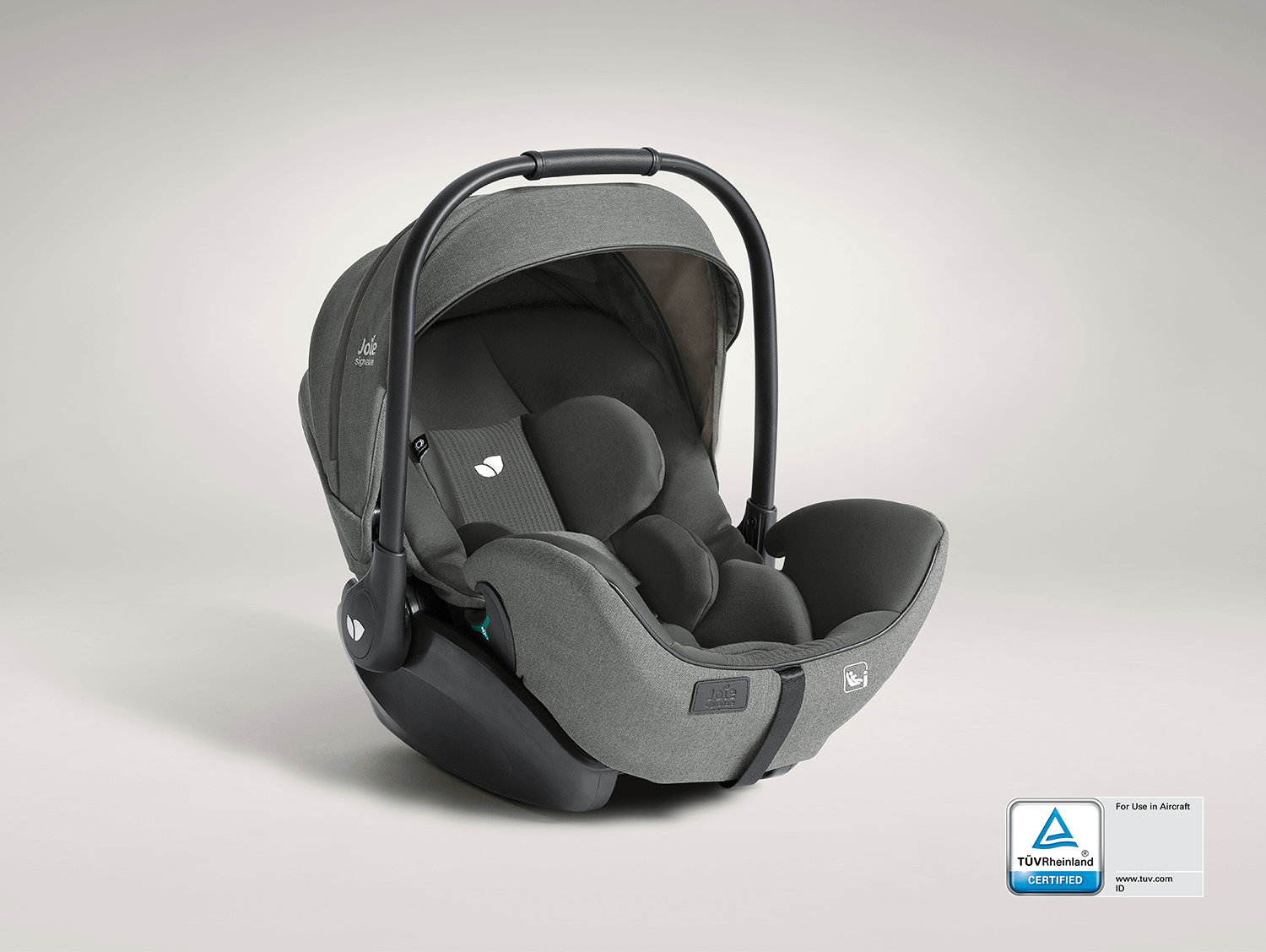 Joie Signature i-Level Pro shown with the TUV label, certifying the infant car seat for airplane use