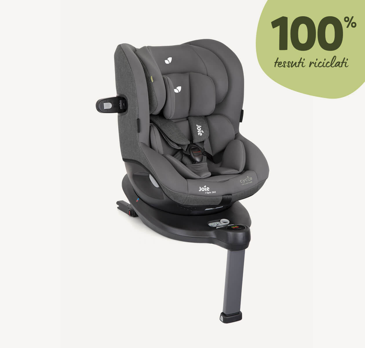 Gray Joie I-Spin 360 spinning car seat facing to the right at a 45 degree angle with the infant insert in and the headrest at the lowest position, with the ADAC test label in the lower right corner.