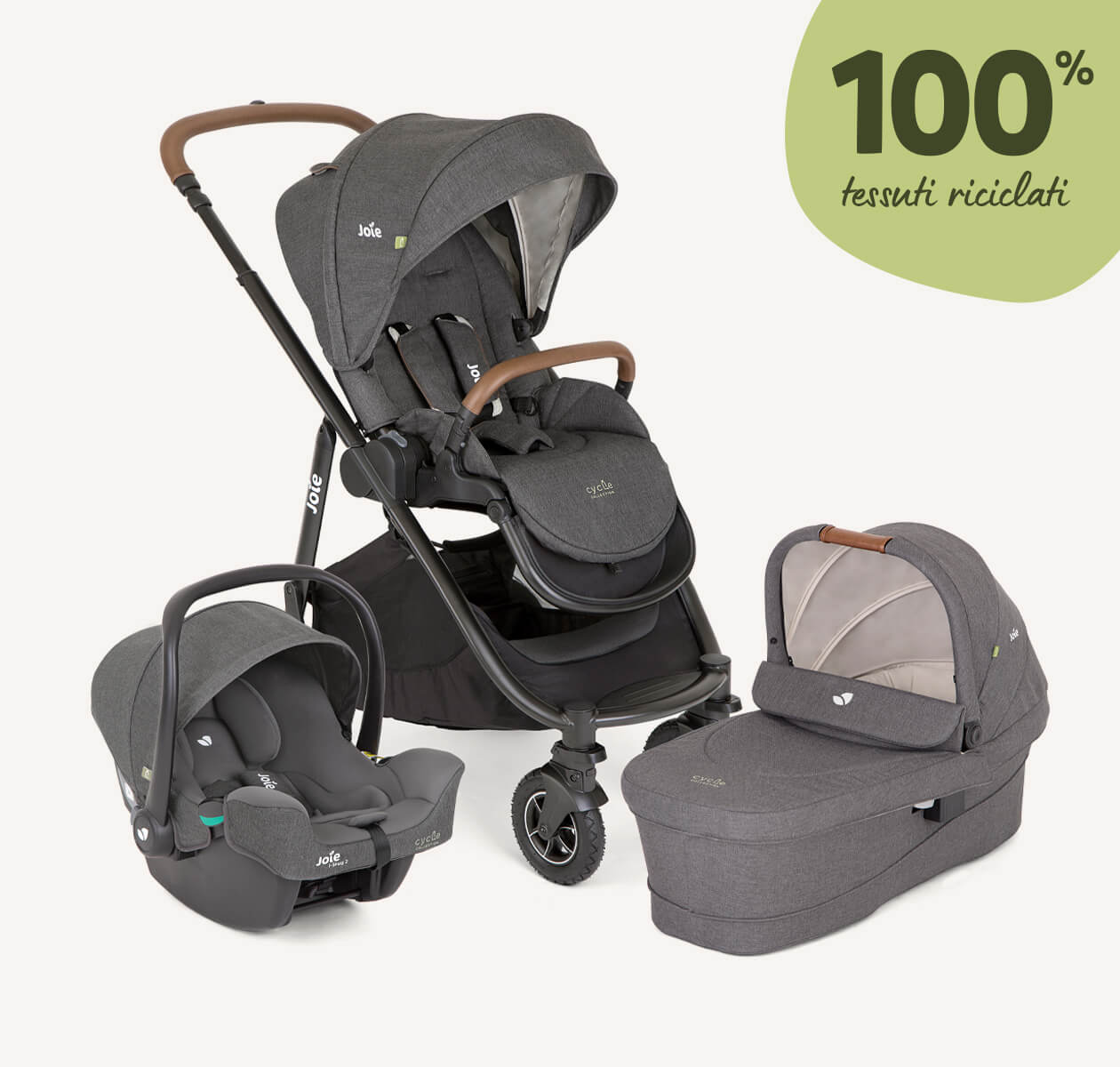 I 3 prodotti del trio Versatrax grigio scuro: Passeggino Versatrax, seggiolino auto per neonati i-Snug 2 e navicella Ramble XL.
