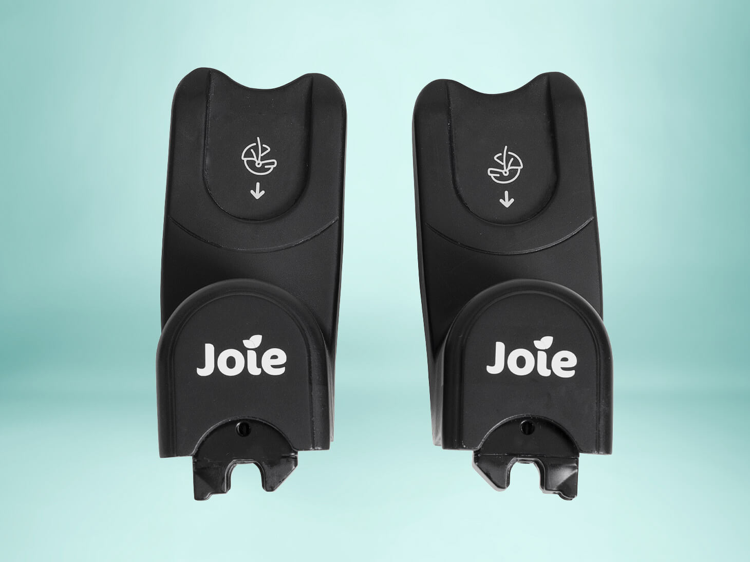 Front angle of Joie™ infant car seat adapters for Mockingbird 2.0 Stroller in black on light blue background