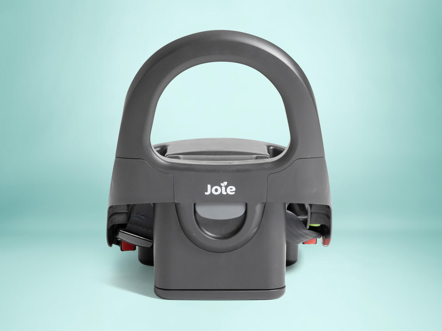 Front angle of Base AR infant car seat base in black highlighting anti-rebound bar on light blue background
