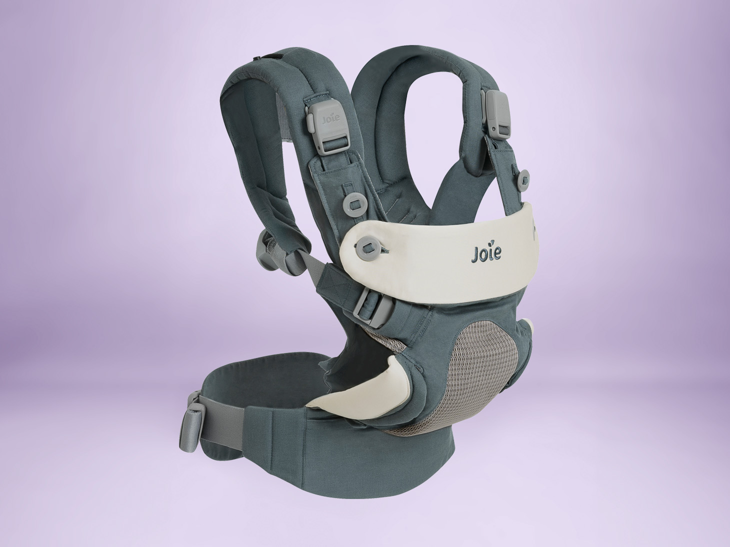 Profile angle of Savvy 4-in-1 baby carrier on purple background