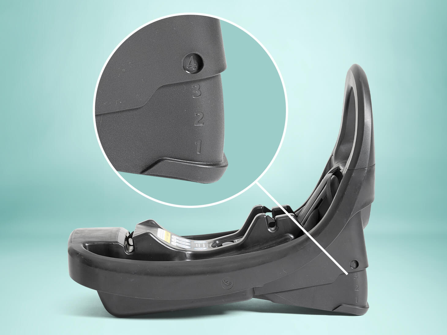 Profile angle of Base AR infant car seat base in black lifted to position 4 and calling out all 4 recline positions on light blue background
