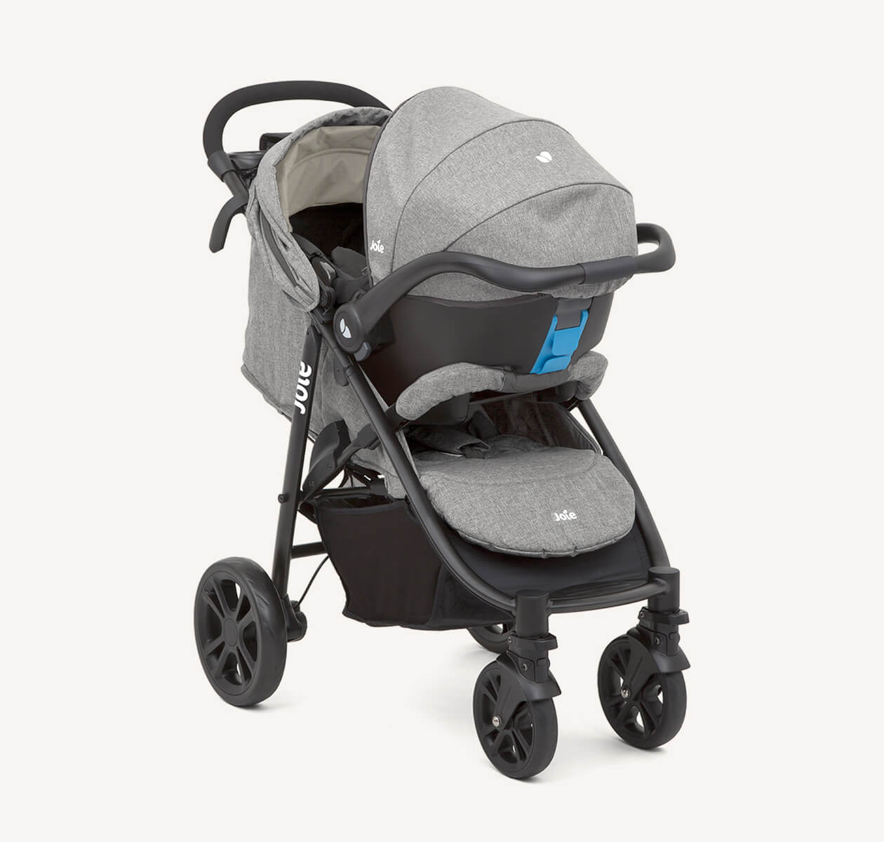  Joie litetrax 4 dlx stroller in gray at an angle. 