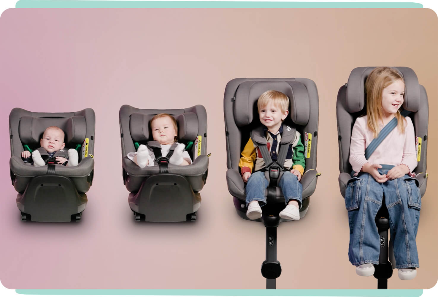 4 modes of i-spin 360 max with childen in infant rear facing, toddler rear facing, toddler forward facing and booster mode 
