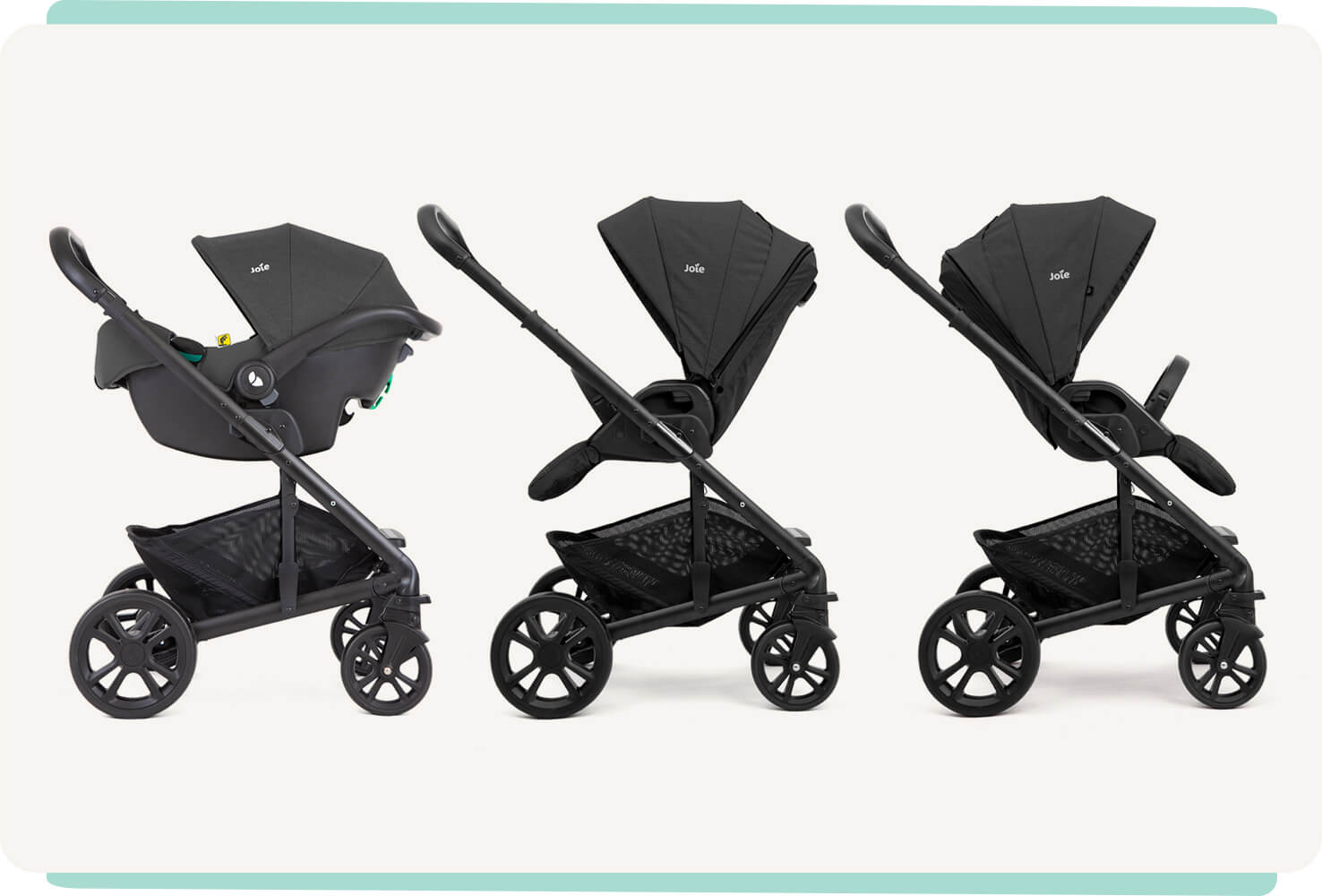 joie chrome pram in 3 different modes: with an infant car seat attached, with the stroller seat rearward acing, with the stroller seat parent facing