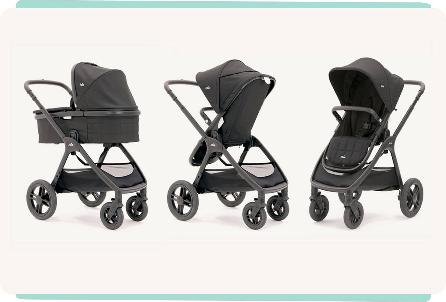 Joie honour pushchair in 3 different modes: with honour carry cot attached, with the stroller seat world facing, with the stroller seat parent facing.