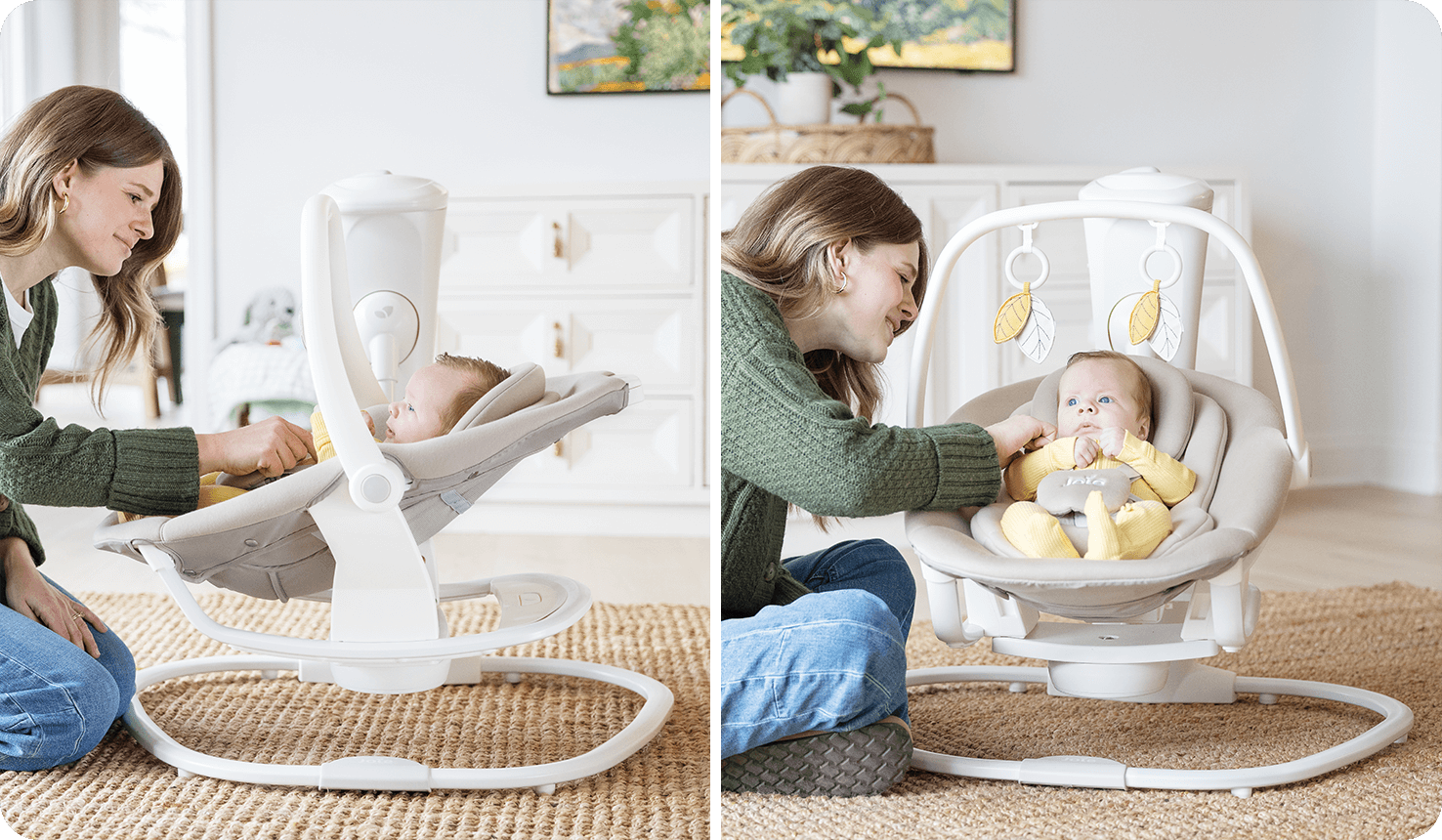 Écran partagé montrant maman dans son salon interagissant avec bébé installé dans la balancelle Joie whimsy, positionnée dans deux directions différentes

