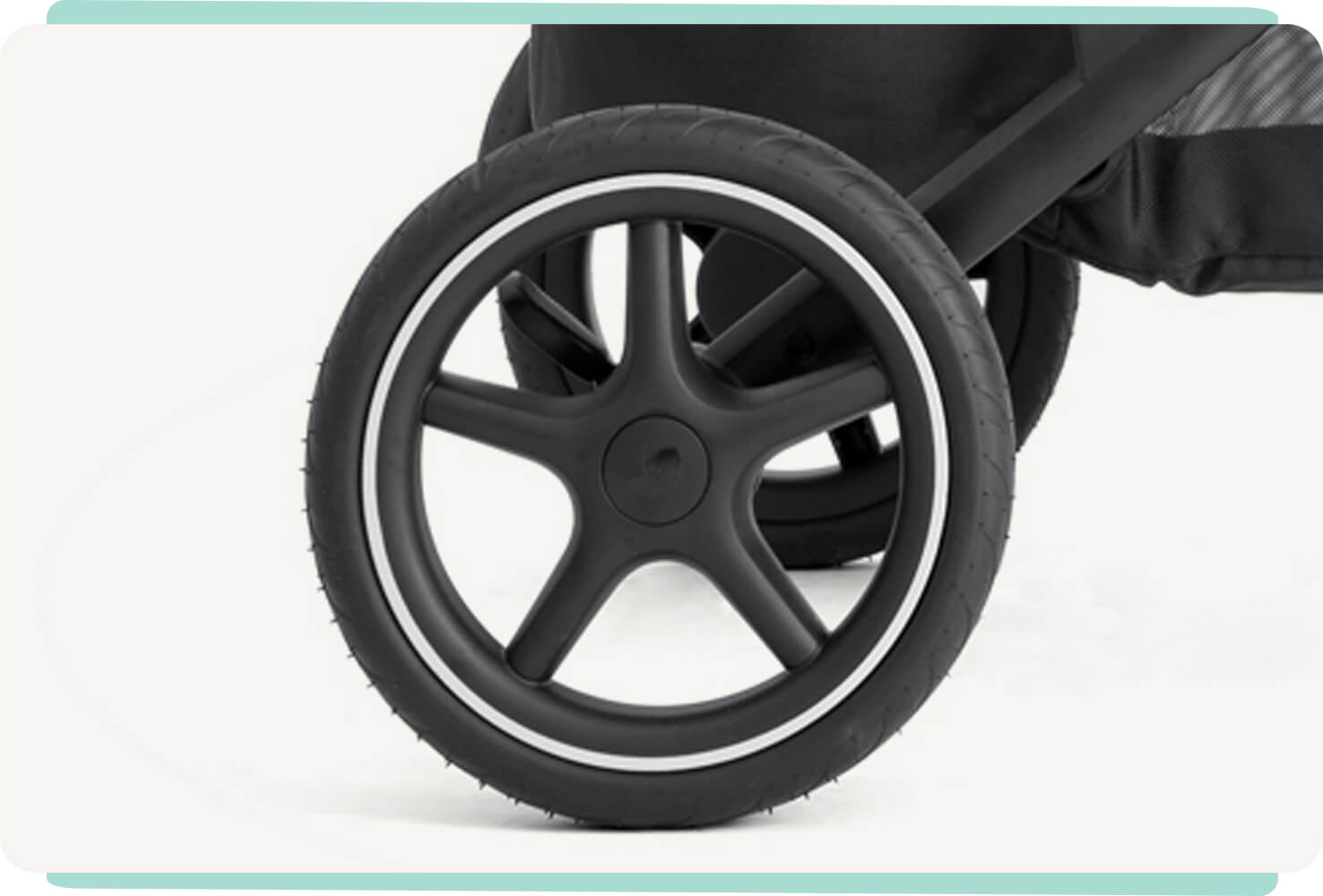 close up of the joie elara pram rubber tyres