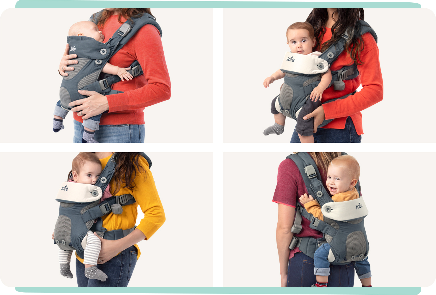  4 images of mums wearing babies in a blue Joie Savvy 4in1 carrier. Top left: infant mode. Bottom left: parent facing baby mode. Top right: world facing baby mode. Bottom right: back carry mode.