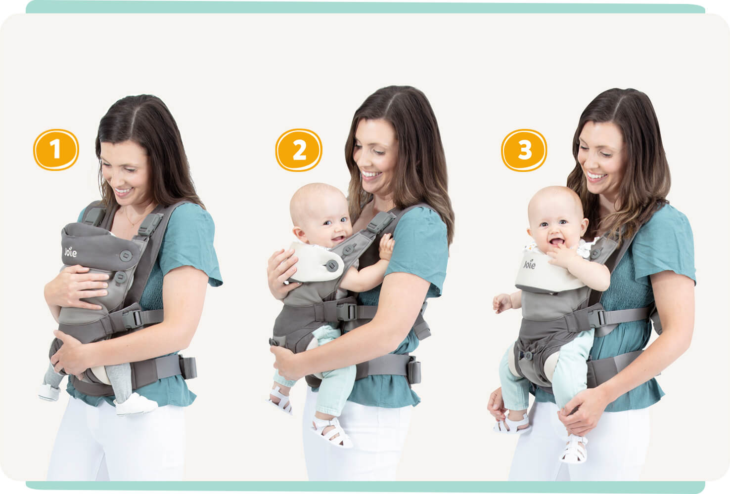 3 Bilder von Müttern, die ihre Babys in einer grauen Joie Savvy Lite 3in1-Trage tragen. Von links nach rechts: Säuglingsmodus, Elternmodus mit Blick auf das Baby, Entdeckermodus mit Blick auf das Baby.