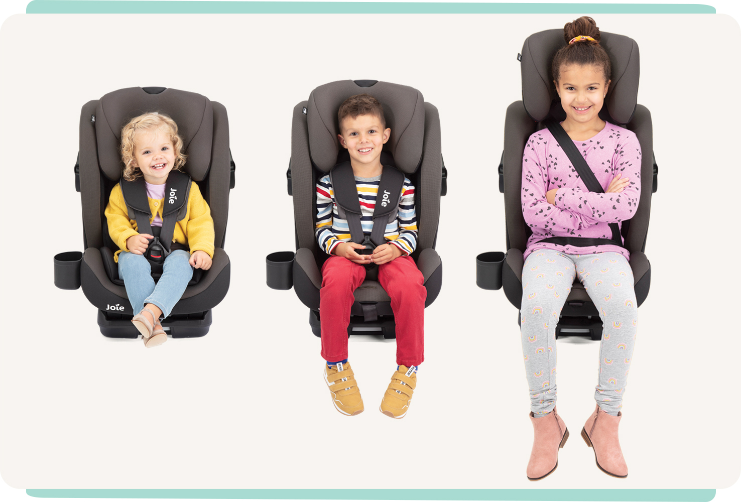  Three children sitting beside each other in their own Joie bold toddler car seat at different stages of growth.