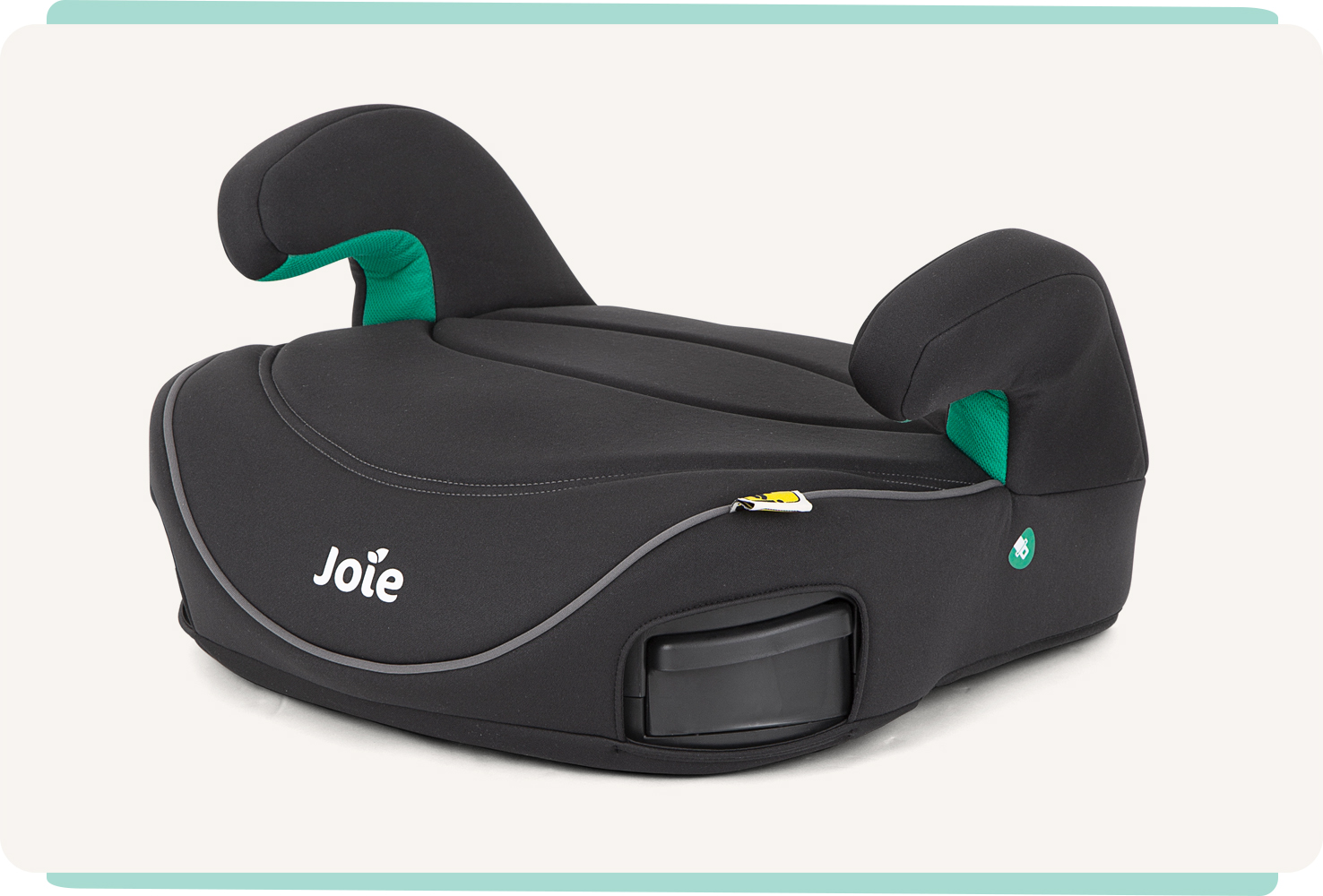   A black Joie I-Chapp backless booster seat facing straight on.