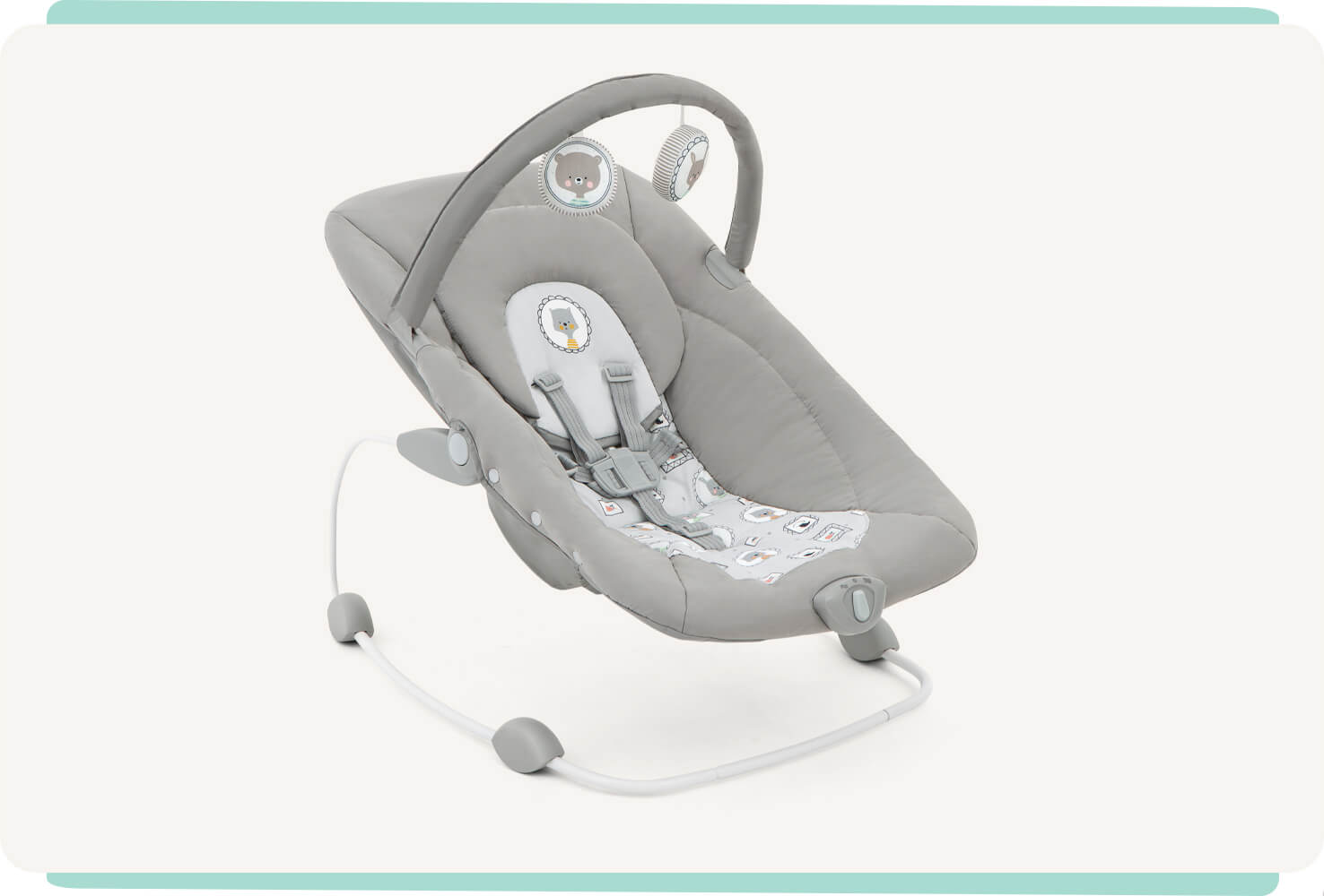   Joie light gray wish bouncer at a right angle.