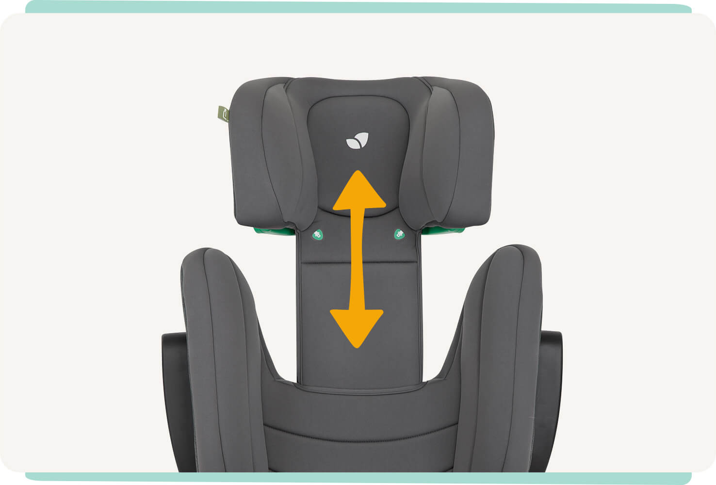   Closeup on a gray Joie I-Trillo booster seat with the headrest fully raised.