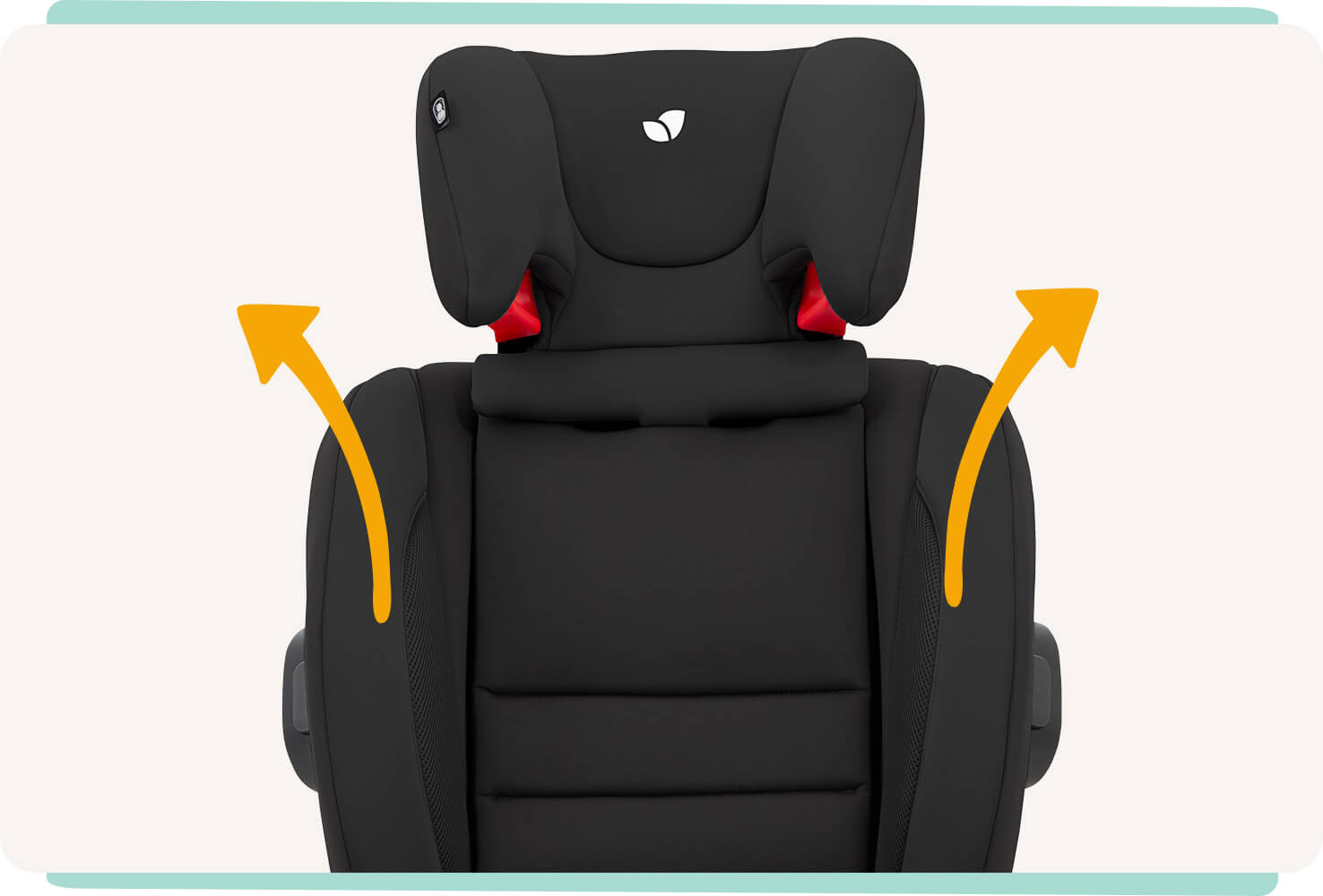 Front view of fortifi R child car seat with headrest partially raised and two arrows pointing up and out.