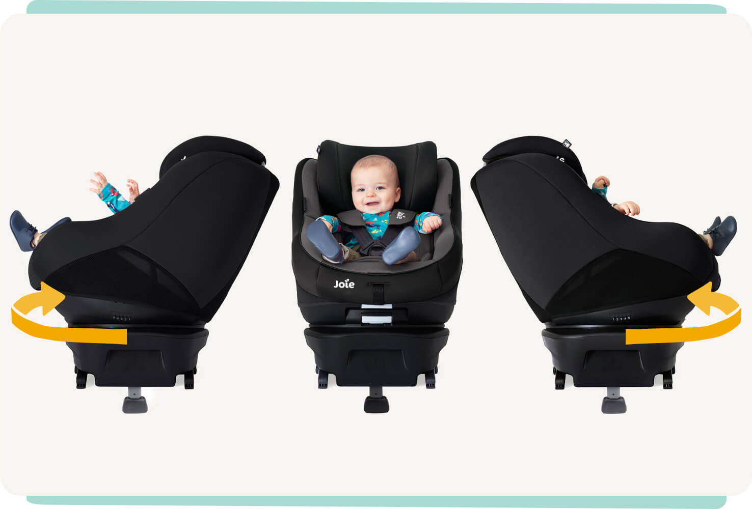  Joie spin 360 Autokindersitz in Grau und Schwarz, drei Bilder mit Baby, Drehung nach links und rechts. 