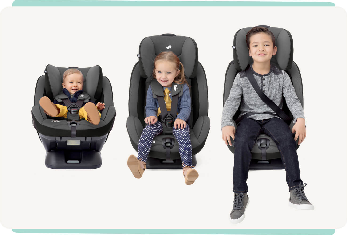 3 black Joie Stages FX car seats side by side with a child sitting in each: from left to right a baby boy, toddler girl, and older boy