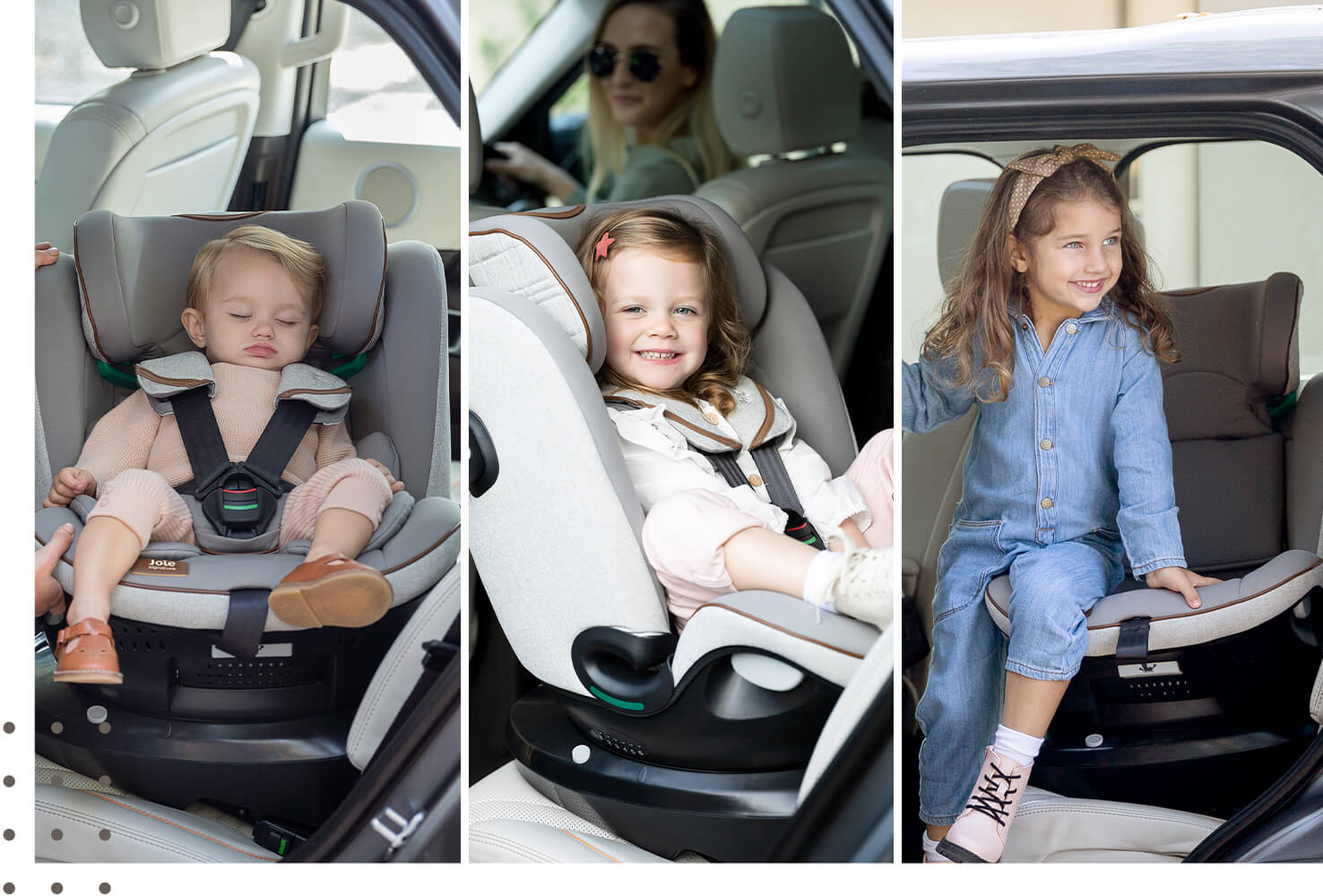  3 Bilder nebeneinander von jungen Mädchen im i-Spin Grow Kindersitz: Baby, Kleinkind und Kind.