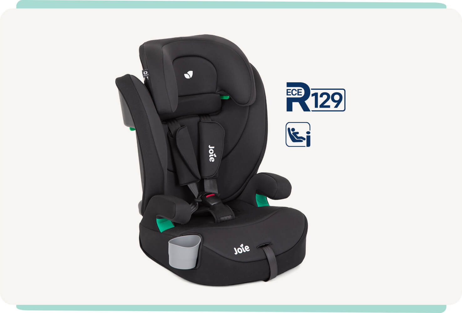  Joie elevate R129 car seat in shale at an angle with the i-Size and R129 icons.