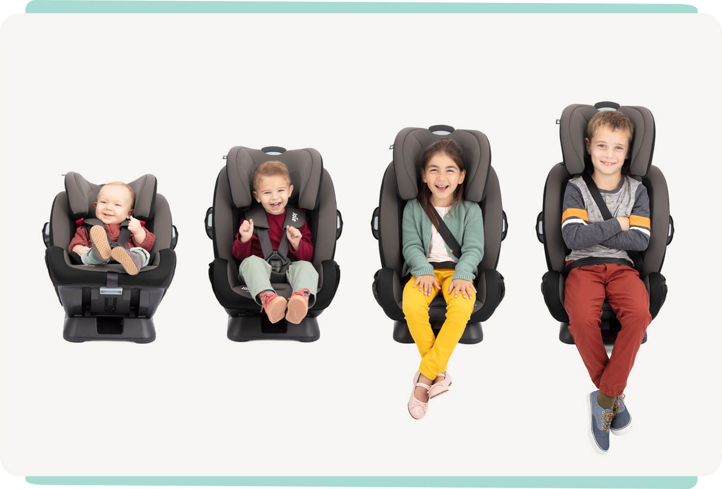  4 children of different ages sitting side by side in Joie Every Stage car seats: from left to right a baby, young toddler, young child, and older child.