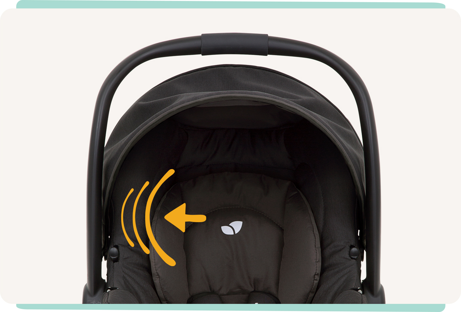  Front view of Joie gemm baby car seat in black with three curved lines along the side and an arrow pointing towards them to indicate side impact.
