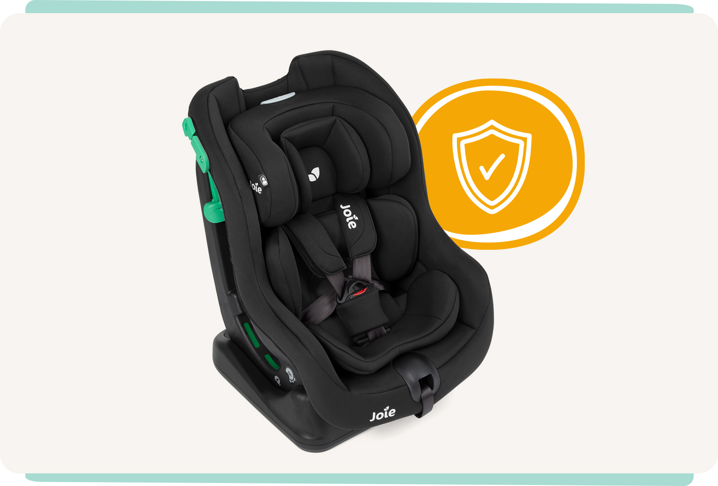 Joie Steadi R129 car seat with harness clipped in with a black colour, at an angle facing to the right with orange circle around a check mark on the right-side of car seat. 
