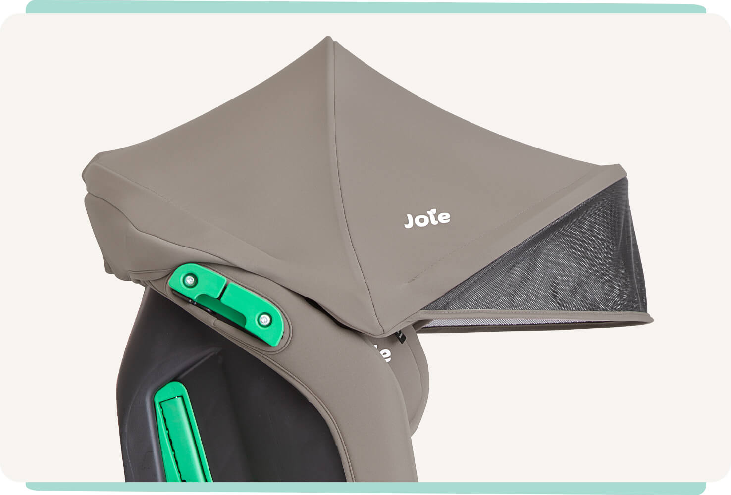 a tan joie steadi r129 with canopy car seat with canopy extended.
